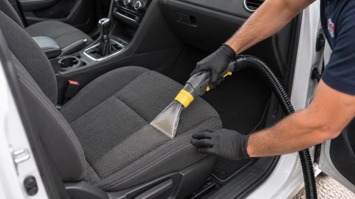 CleanTex-technicus reinigt een autostoel met een sproei-extractie apparaat