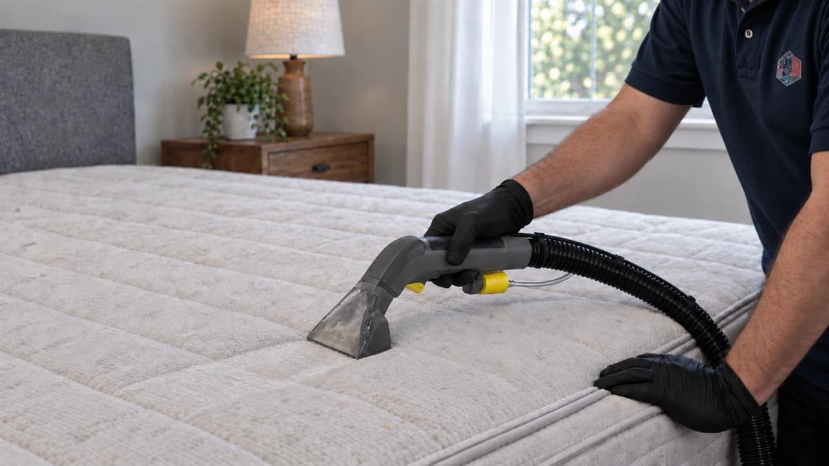 CleanTex-technicus reinigt een matras met een sproei-extractie apparaat