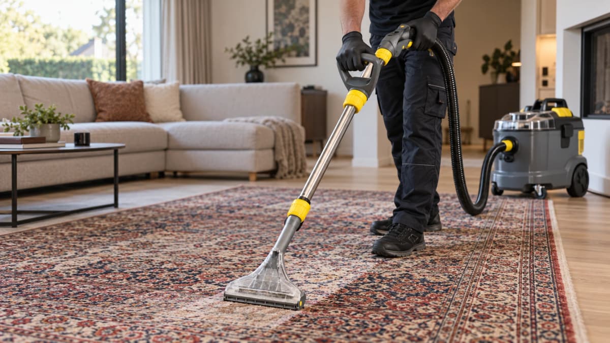 CleanTex-technicus reinigt een patroontapijt in de woonkamer met een sproei-extractie apparaat