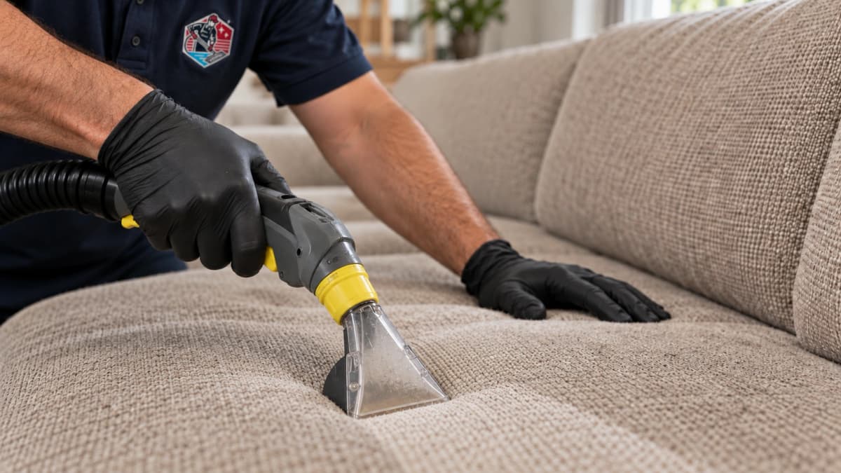CleanTex-technicus reinigt een beige stoffen zetel met een sproei-extractie apparaat